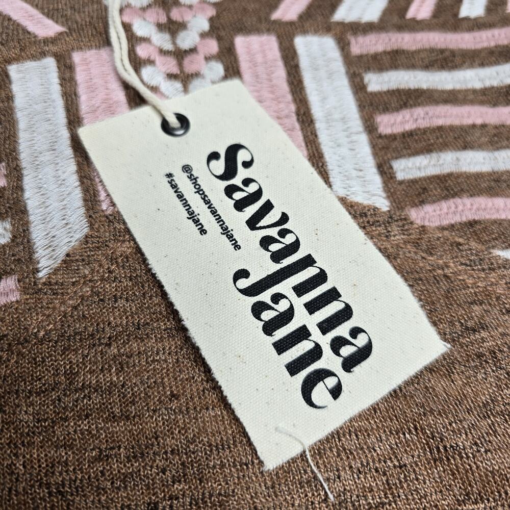 Savanna Jane Knit Top Womens M Embroidered Boho V-Neck Pink and Tan Festival NWT - Picture 10 of 16